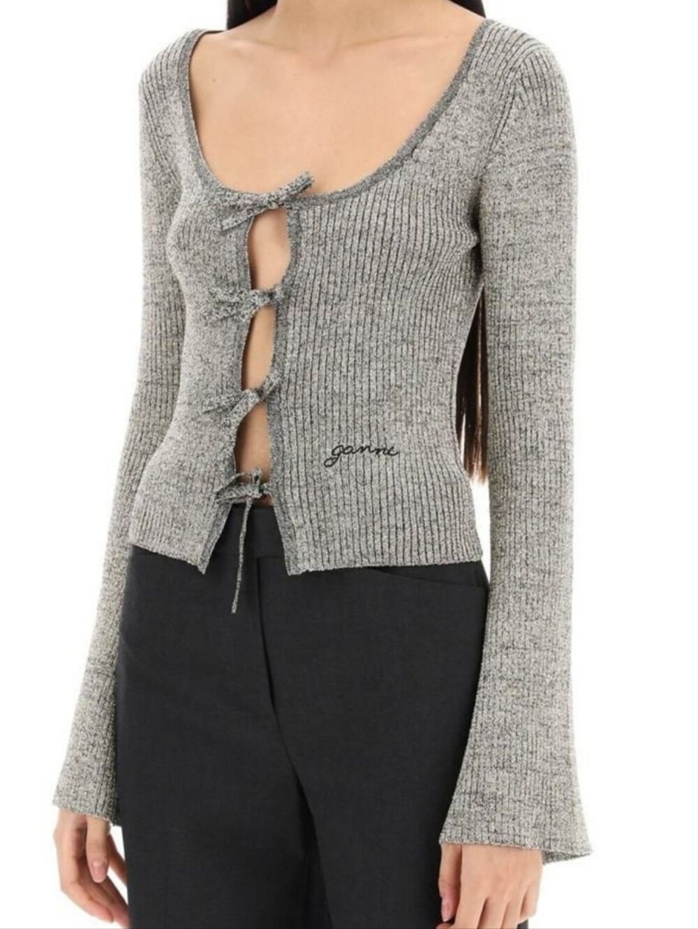 Ganni Silver Sparkle Ribbed Tie-Front Cropped Cardigan